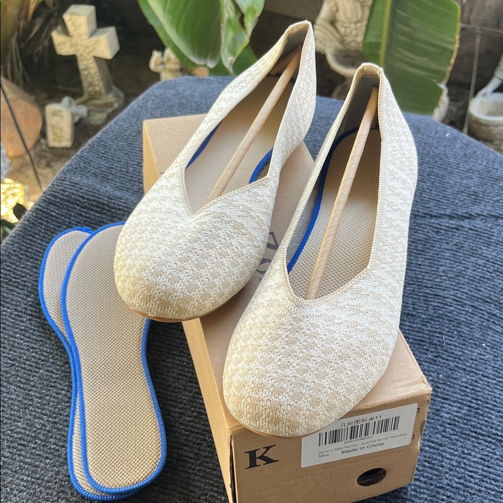 Women's Beige Knit Ballet Flats - Slip-On Comfort Flats